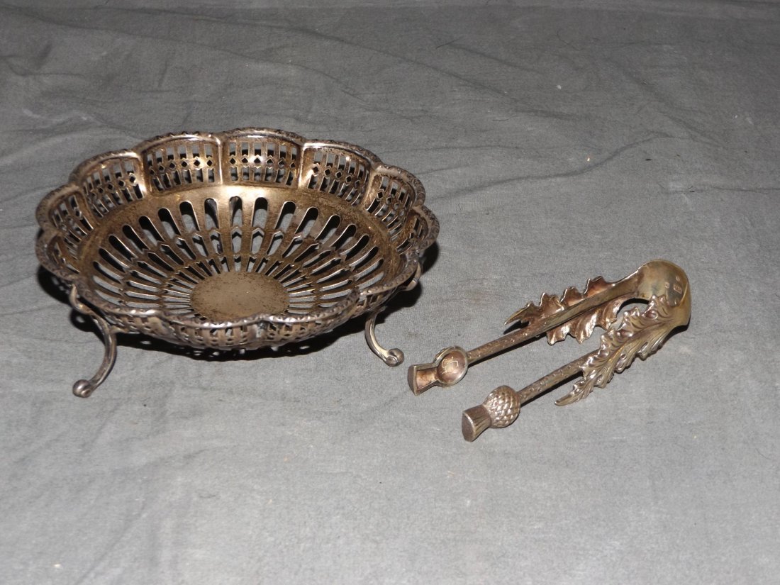 Mapp and Webb Silver Dish and Tongs.: Dish is 5 1/4" across Approx. 129.9 grams combined.