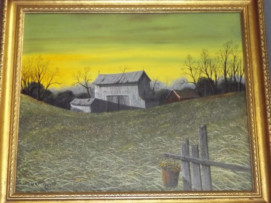 Thomas Kerry, Oil on Board, Barn Scene: Lot consists of an oil on board painting by Thomas Kerry (20/21st Century). Great image depicting a barn scene. Signed lower left. Sight seen approx. 23" x 19.5", overall frame size approx. 29" x 25".