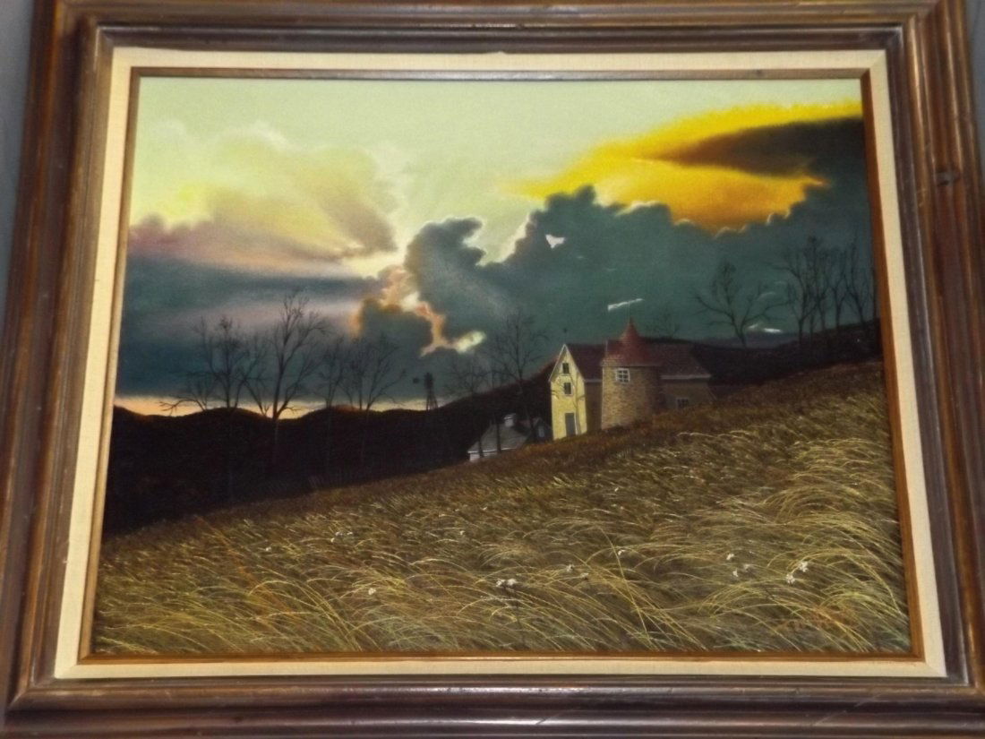 Thomas Kerry, Oil on Board, House with Windmill: Lot consists of an oil on board painting by Thomas Kerry (20/21st Century). Great image depicting a house with a windmill. Signed lower right. Sight seen approx. 23.5" x 19", overall frame size approx