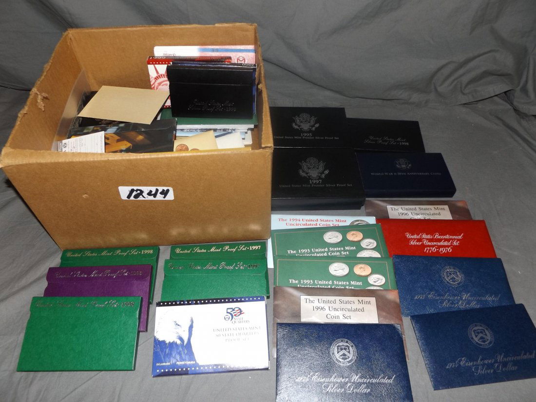 Mixed Coin and Currency Lot.: Includes Canadian Silver Dollars, U.S. Commemorative Half Dollars, Proof Sets, Silver Certificates including Large Currency Note and Two Dollar Bills. (2) 1995 &1997 Mint Premier Silver Proof Sets, Wo