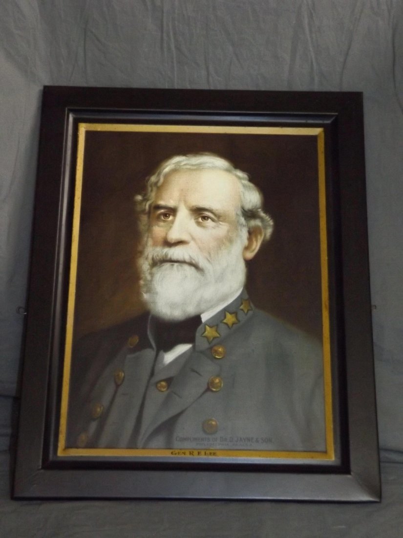 Dr. Jaynes Family Medicines Tin Self Framed Sign.: Lithographed tin, depicting a portrait of General Robert E. Lee, lettered "Compliments of Dr. D. Jayne & Son, Philadelphia, PA. U.S.A." 15 1/4" x 19 1/2".