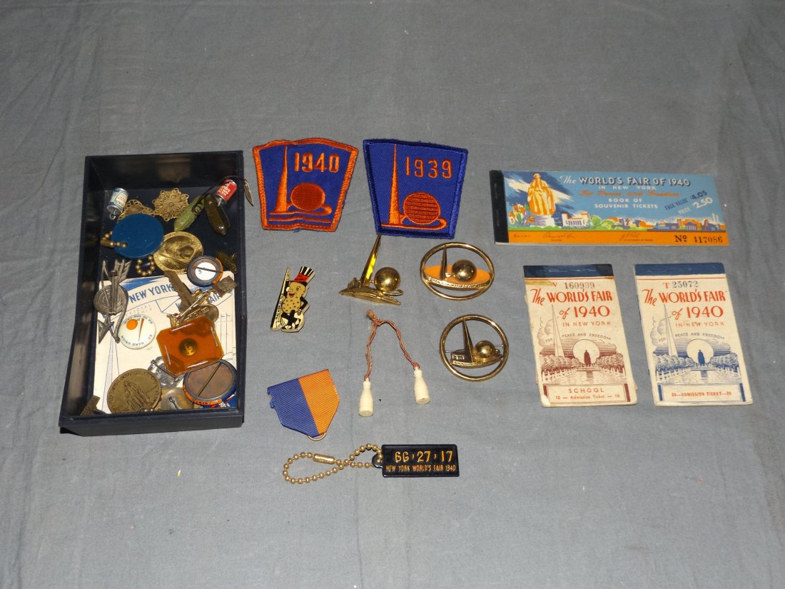 1939 Worlds Fair Group.: Includes Pins, Buttons, Patches etc. This Lot is Being offered on behalf of the Nassau County Public Administrators Office from the Estate of Robert Lee.