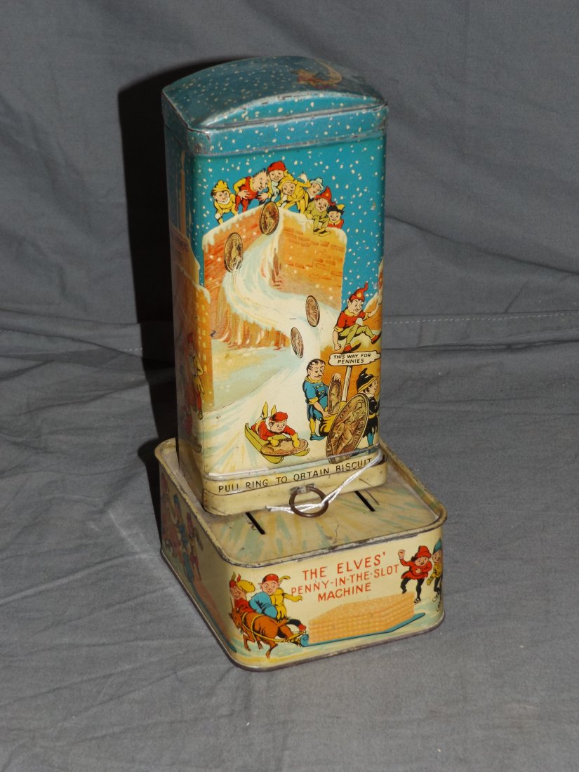 Huntley & Palmers Elves Tin Registering Bank. (1 of 4)