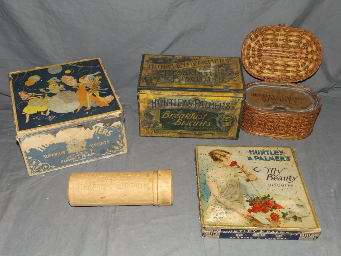 Huntley Palmer Advertising Bisquit Lot.: Paper Labeled Bisquit containers. Lot of Five.