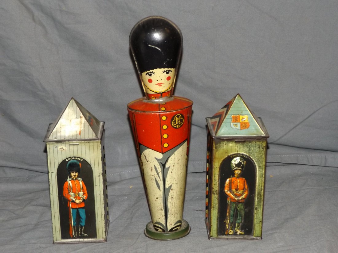 Three Piece Figural Military Bisquit Tin Lot. (1 of 8)