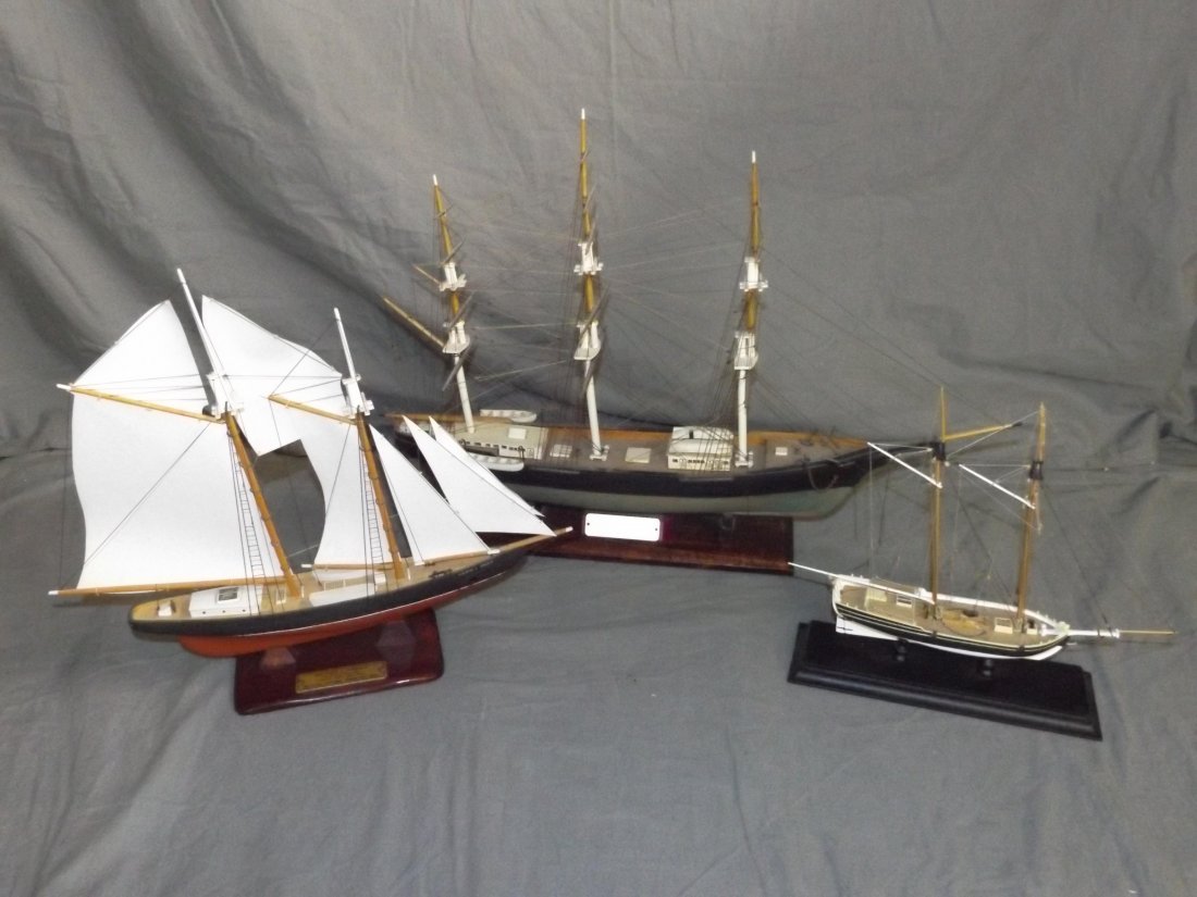 3 Sailing Ship Models by Piels Craftsmen: Nice lot of 3 sailing ship models by Piels Craftsmen. Includes "Red Jacket", "Gertrude L. Thebaud", and smallest is not marked. Each shows some light wear. Examine