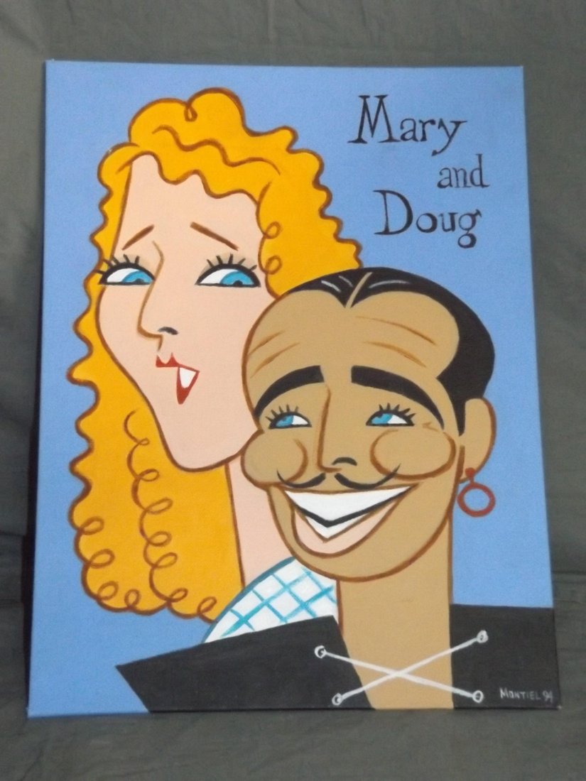 Fairbanks & Pickford Caricature Painting, Montiel: Lot consists of an original caricature painting by H. Pierre Montiel. Features Douglas Fairbanks and Mary Pickford (12" x 16"). Done in acrylic on artist board. Montiel is a contemporary artist who ha