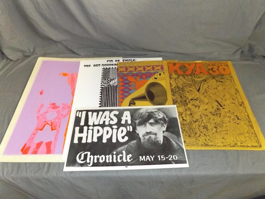 (6) San Francisco 1967 Hippie & Art Posters: Includes 1) SF Chronicle Box sign, cardboard, "I Was A Hippie" May 15-20, 2-3) KYA Top 30 psychedelic posters, art by Ruth Garbell, 4-5) "Fin de Siecle, The Art Nouveau and Symbolist Era" Art Show, Ma