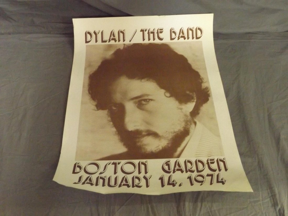 Bob Dylan and The Band Concert Poster 1975: Bob Dylan and The Band Concert Poster, Boston Garden, Feb 14, 1974. Approx. 17.25" x 24". Some edge/corner wear, light edge tears. Lower left corner has torn missing piece.