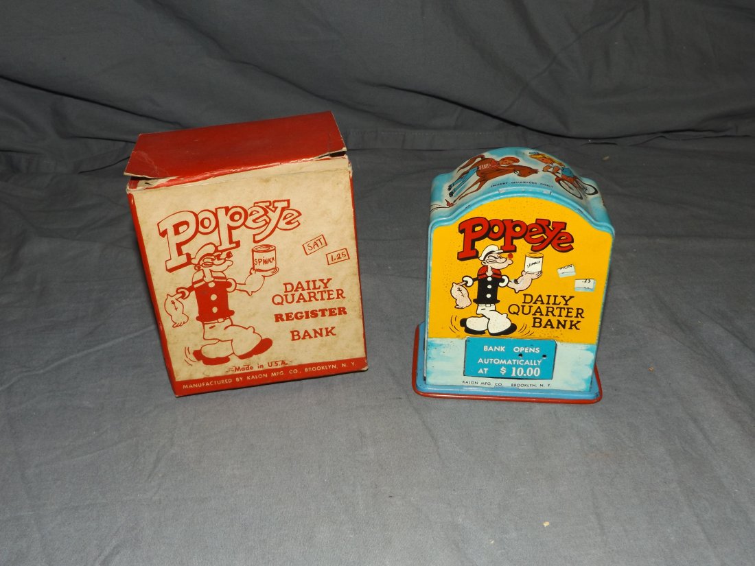 1950's Boxed Popeye Daily Quarter Bank in Orig Box (1 of 6)
