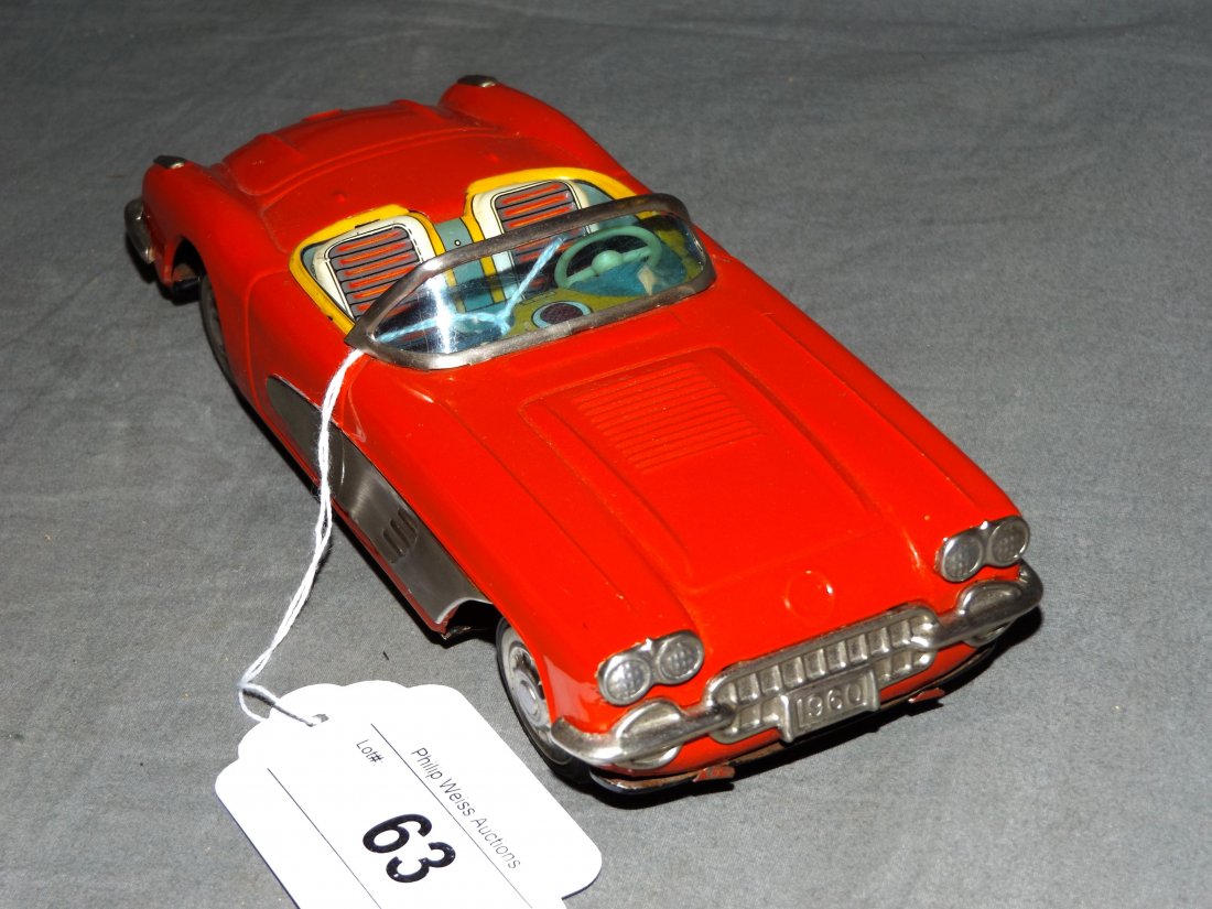 Yonezawa Friction Tin Litho Corvette: Approx. 8" long. Light scuffs and scratches. Working friction. Made in Japan.