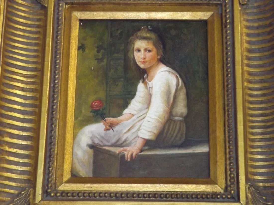 Unsigned Oil on Panel, Young Girl with Flower (1 of 2)