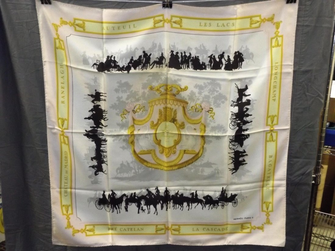 Hermes Silk Scarf. Le Bois de Boulogne.: Hermes - Le Bois de Boulogne. Printed Silk - 35" X 35". Labeled within design. Item has a vintage perfume aroma.