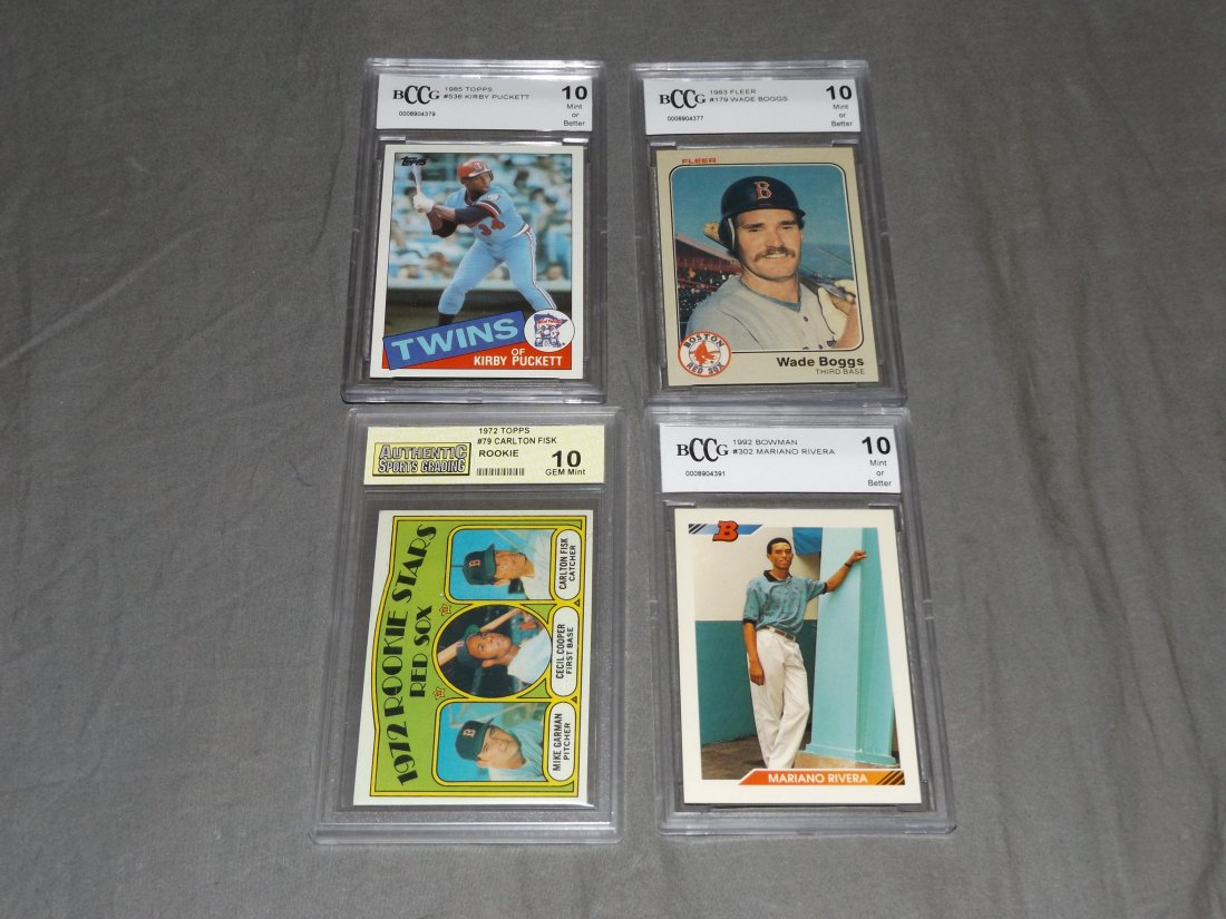(4) Assorted Rookie Baseball Cards, BCCG 10: Lot of 4 Rookie Cards. Includes 1983 Fleer Wade Boggs, 1985 Topps Kirby Puckett, 1992 Bowman Mariano Rivera, and 1972 Topps Carlton Fisk by Authentic Sports Grading.