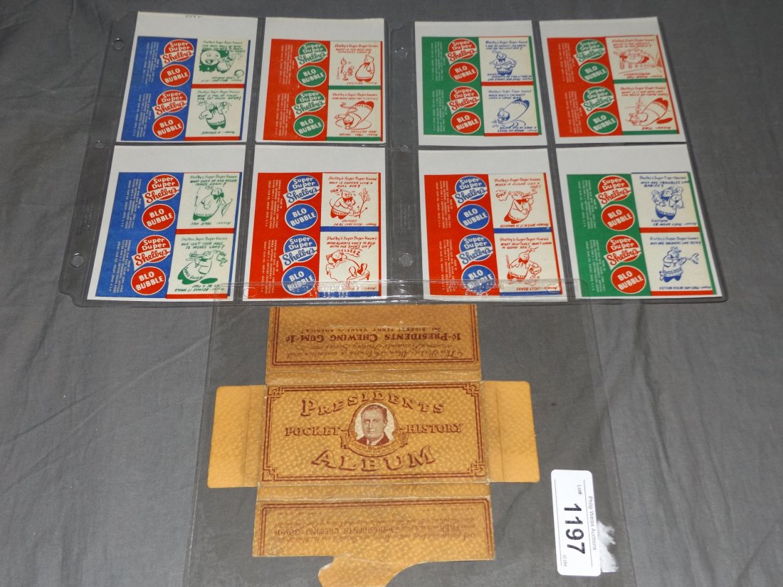 Interesting Non Sport Lot.: Includes (8) R-802 Super Duper Knows Cartoon Riddles Shelby Gum Wrappers and 1 cent Presidents Chewing Gum Box, folded down.