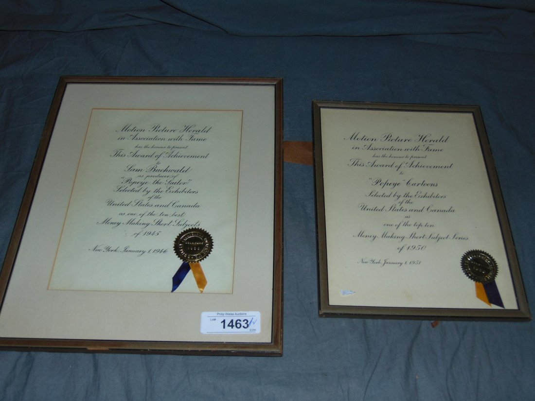 Animation Awards. Lot of Two. Popeye.: Includes Motion Picture Herald award of achievement to Sam Buchwald as Producer of Popeye and The Award of Achievement Popeye Cartoons. 1946 and 1951.