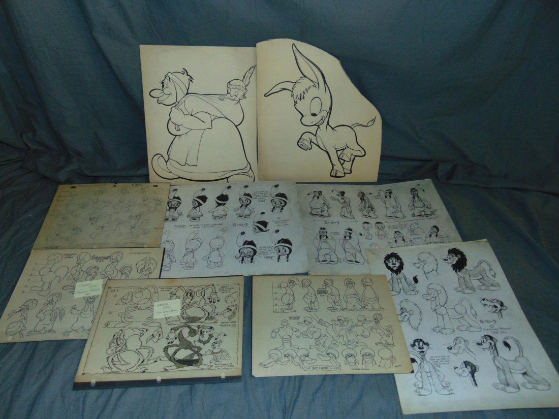 Fleischer Studios Animation Lot.: Lot of 12 pieces includes Original Pencil Model Sheet of Joik Woofenpoof by Dave Tendlar, Two oversized Ink on Board Drawings of a Burro and Indian Woman with Papoose, Stat Model Sheets include Two ov