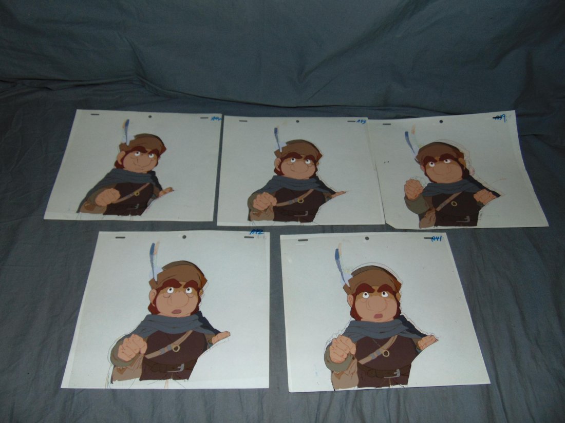 The Lord of the Rings. Rankin Bass. Samwise.: Lot of Five Large Production Cels and Matching Drawings of Samwise Gamgee
