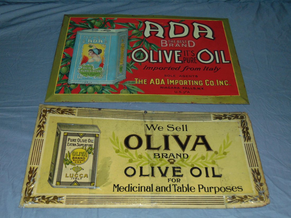 Olive Oil. Lot of Two Tin Advertising Signs. (1 of 5)