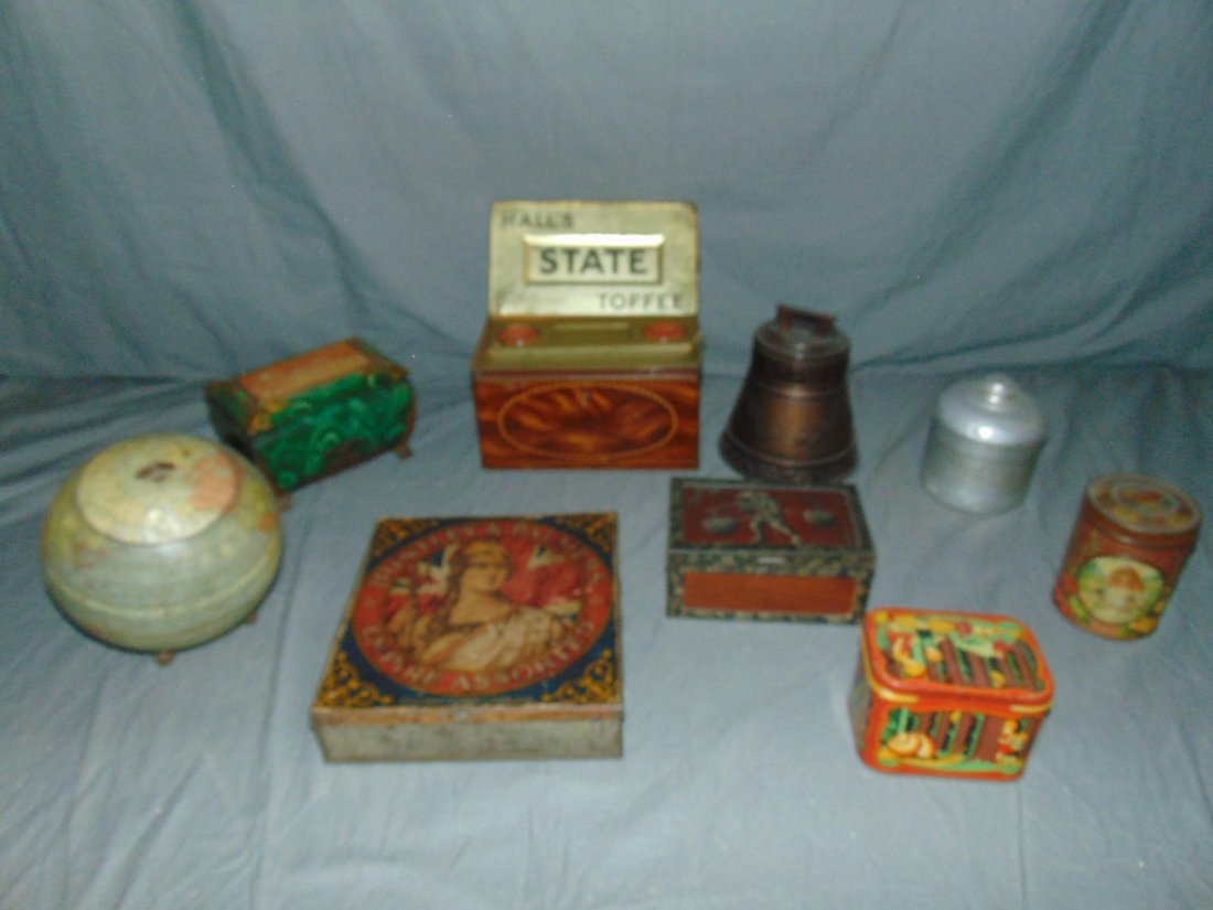 Lot of Biquit Tins Includes Figural.: Ten pieces including Huntley Palmer Globe and Liberty Bell. Interesting mix.