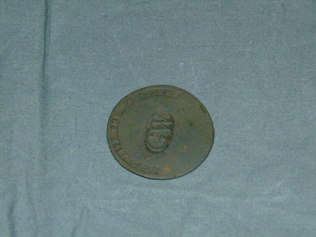 George Washington Inaugural Button.: DeWitt GW-1789-7, Albert W1-11A 34mm copper with original shank, some pitting. Nice example of the narrow spaced GW in Oval button.