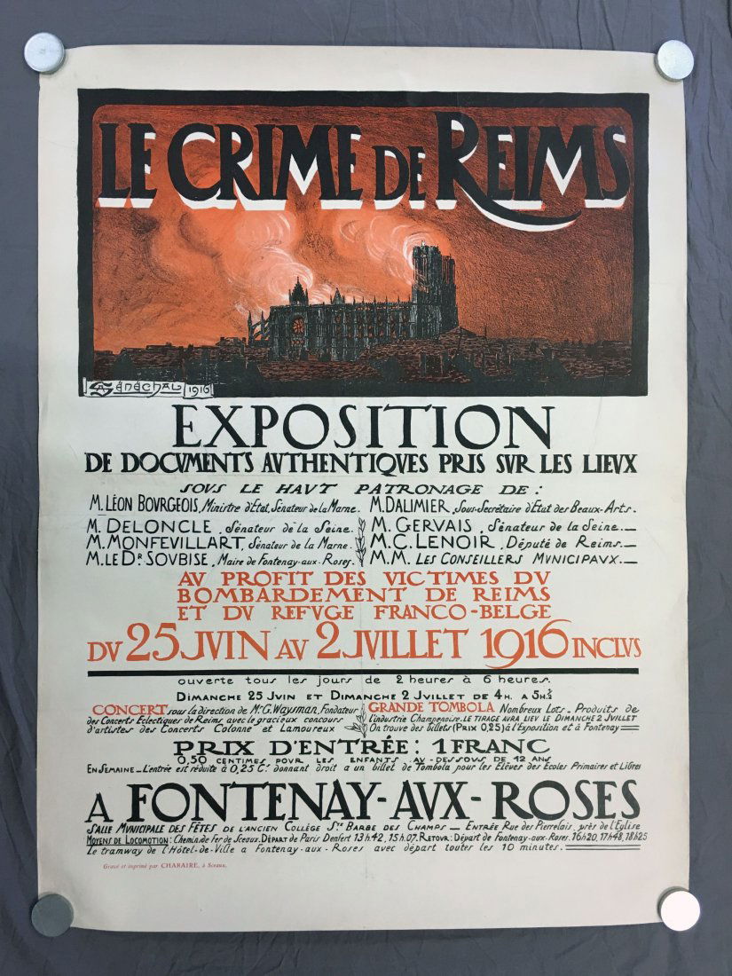 Le Crime De Reims. World War 1.: 27 1/2" x 37" Poster Linen Backed.