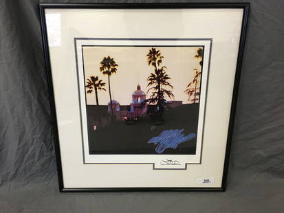 The Eagles Hotel California Lithograph Signed: The Eagles Hotel California Lithograph Signed by Joe Walsh and artist Kosh, 1990, print size 26.5 x 22.5, framed, acid free, 1 of 20 hand signed artist's proofs, photos included of Joe Walsh signing t