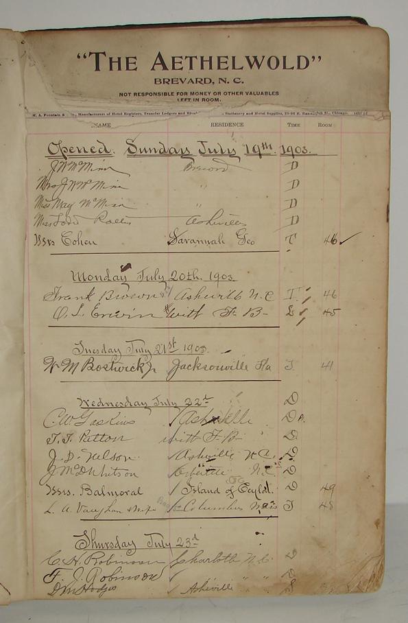 SOUTHERN LEAGUE BASEBALL: HOTEL REGISTRY "THE AETHELWOLD" LOCATED IN BREVARD NORTH CAROLINA. THE LEDGER HAS VARIOUS BALL TEAMS LISTED IN IT FROM ASHEVILLE, SPARTANSBURG, BREVARD AND SHELBY. ROSTERS ARE LISTED AS WELL AS SCORES