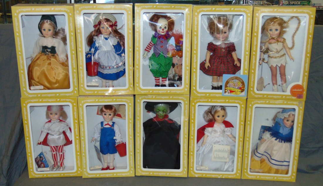 Large Box Lot of Effanbee Dolls: In original boxes. Includes Mother Goose, Wicked Witch, Sleeping Beauty and more.