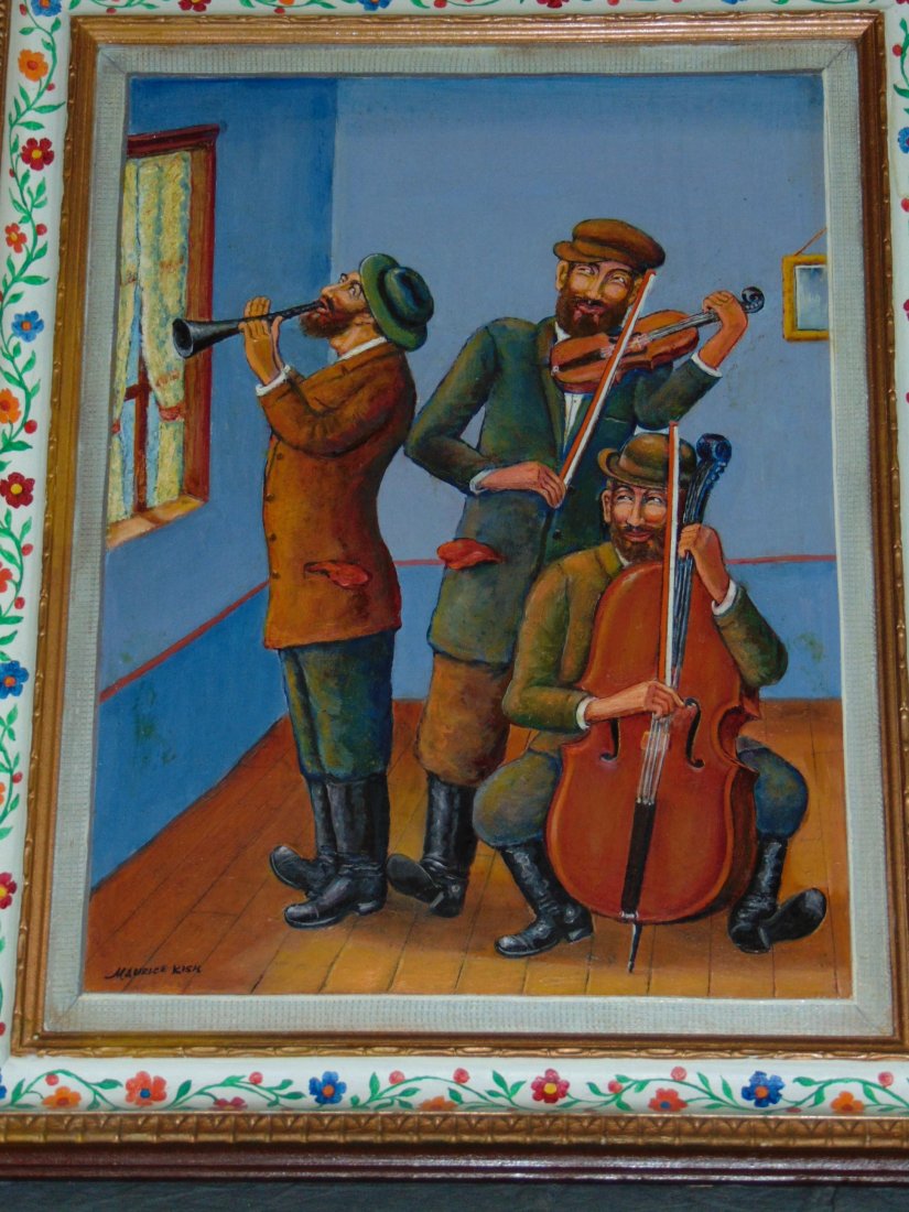 Maurice Kish (1895 - 1987) Oil on Board.: "The Three Musicians" 12" x 16". Signed lower left. In hand painted frame made by Kish.