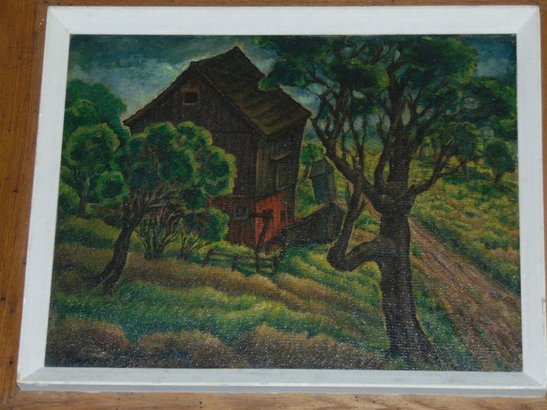 Maurice Kish (1895 - 1987) Oil on Board.: " The Barn ". 13 1/2" x 17 1/2" Lower Left.