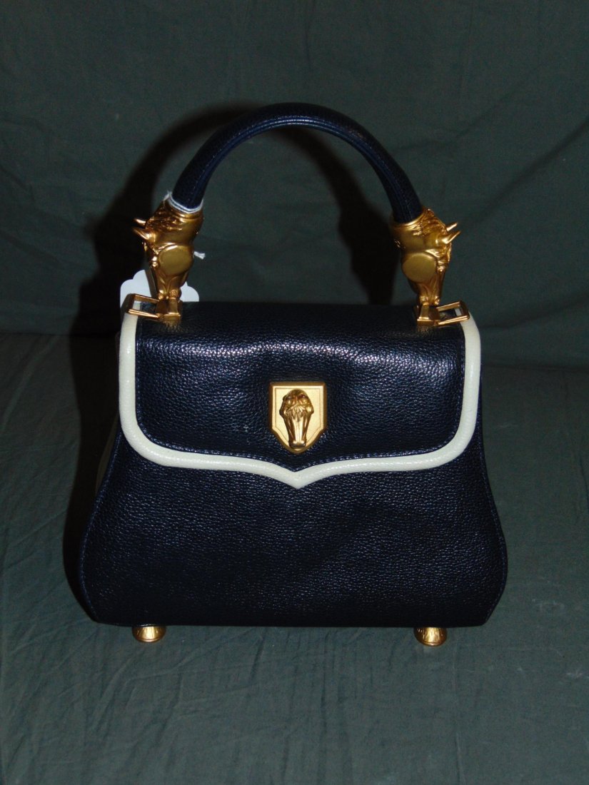 Vicenza Inc. Purse/Handbag. 1993. Navy/White.: Vicenza Inc. Navy/White leather handbag, with gilt horse head motifs, 1993, H 10", W 9": Original tag from Sacks Fifth Avenue. $615.00 included.