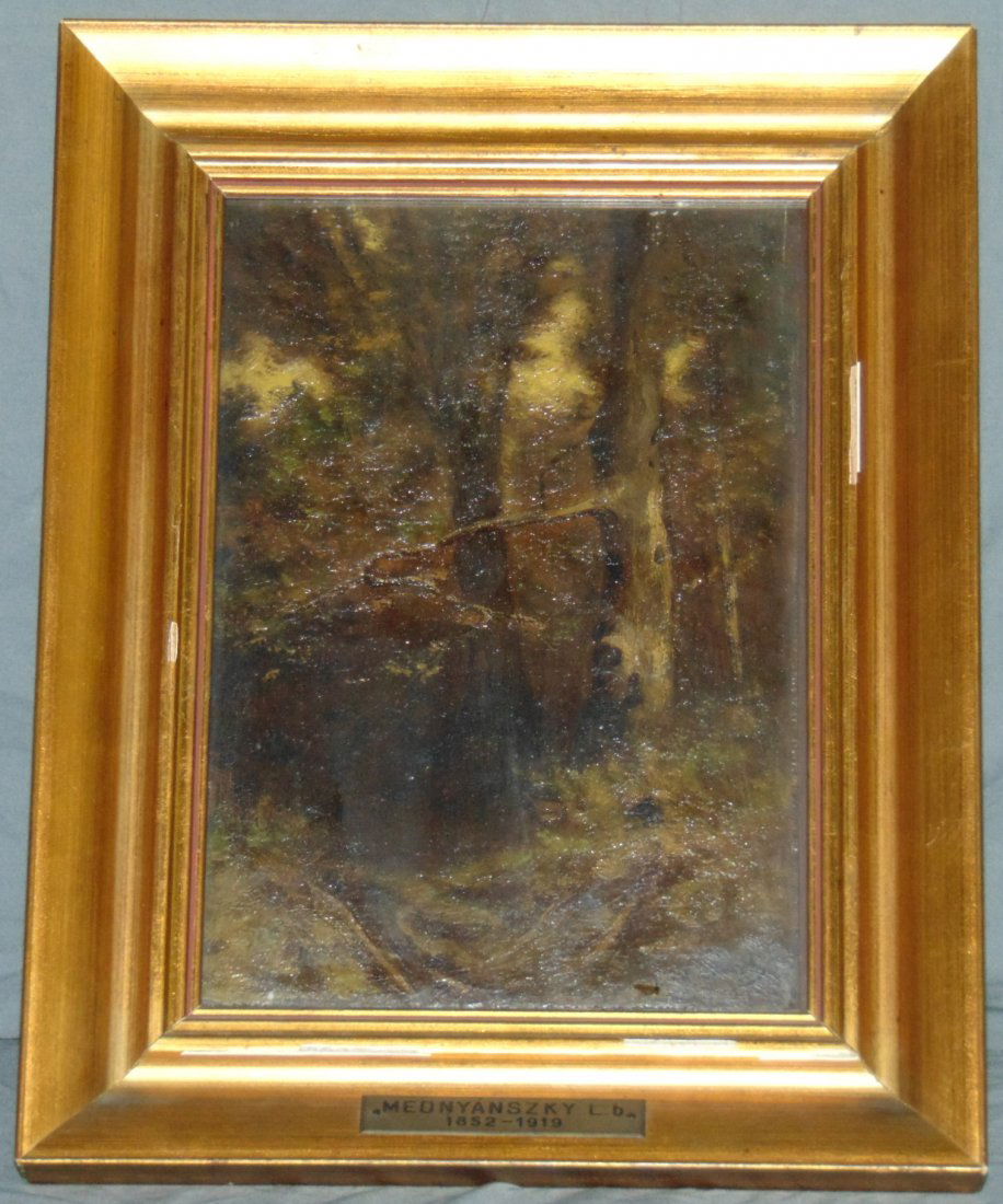 Laszlo Mednyanszky (1852 - 1919) , Oil on Wood: Lot consists of an oil on wood painting by Laszlo Mednyanszky (Slovakia, Hungary, Austria 1852 - 1919). Painting depicts a wooden tree scene, however image is quite dark. Signed lower right. Image siz