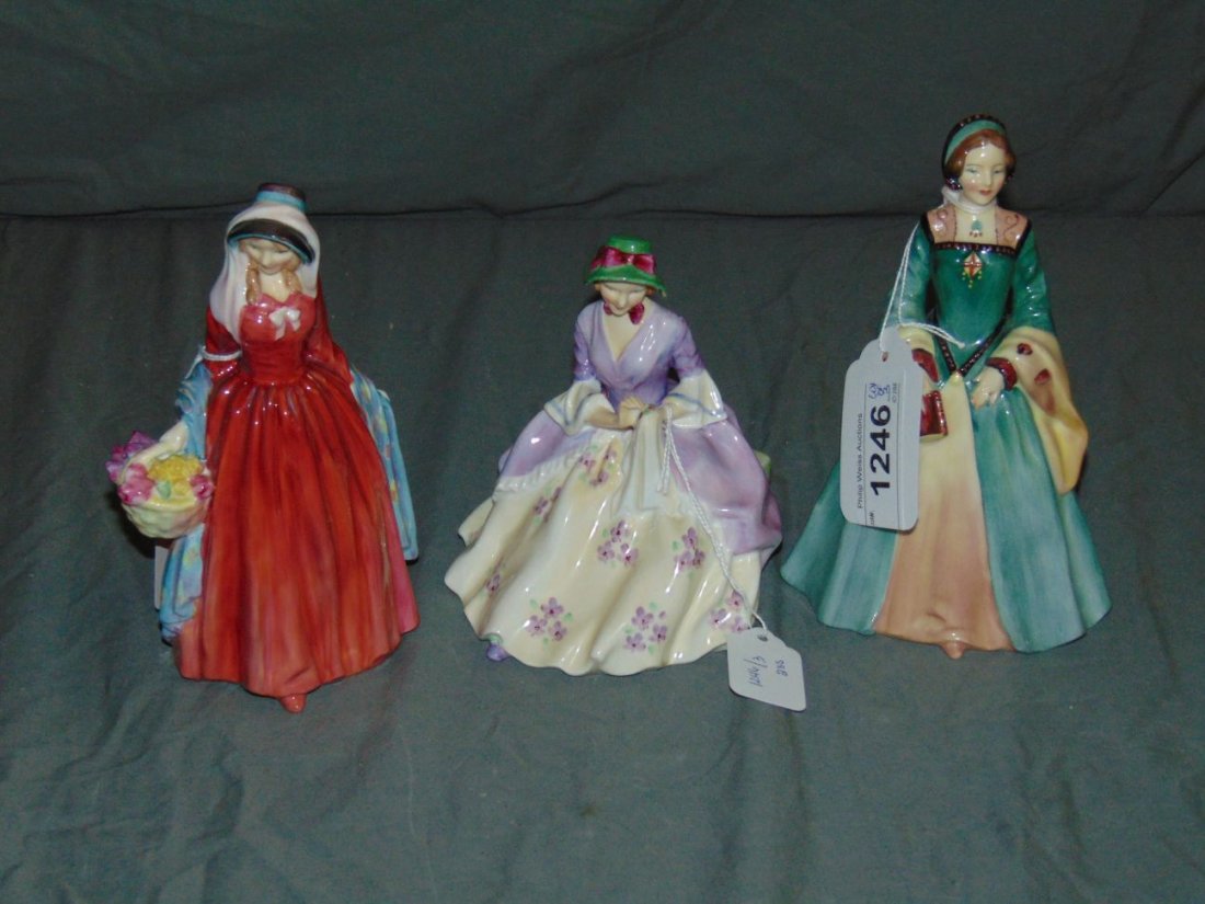 Royal Doulton Figurines. Lot of 3.: includes Janice - HN 2022, Griselda - HN 1993 and Rosemary - HN 2091. No chips or cracks noted. Examine.