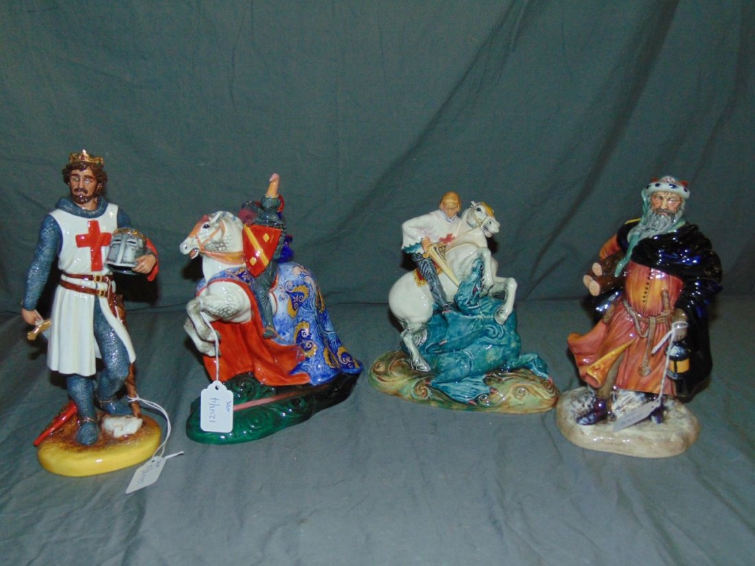 Royal Doulton Figurines. Lot of 4.: includes The Broken Lance - HN 2041 (small chip noted to tip of lance), St. George - HN 2051, Good King Wencesllas - HN 2118 and Richard the Lionhart - HN 3675. Other than indicated, no additional chi