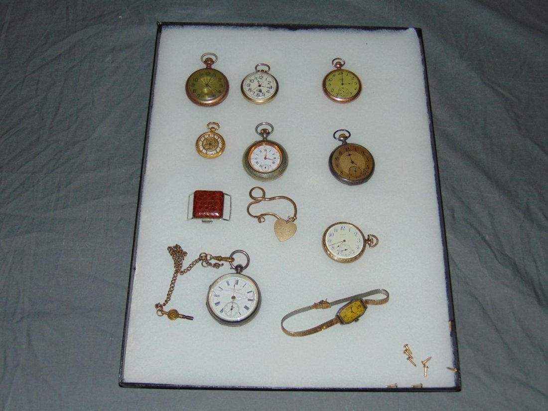 Tray Lot of Jewelry.: Lot includes assorted pocket watches and more. Styles, makers, values and conditions vary. Examine and bid accordingly.