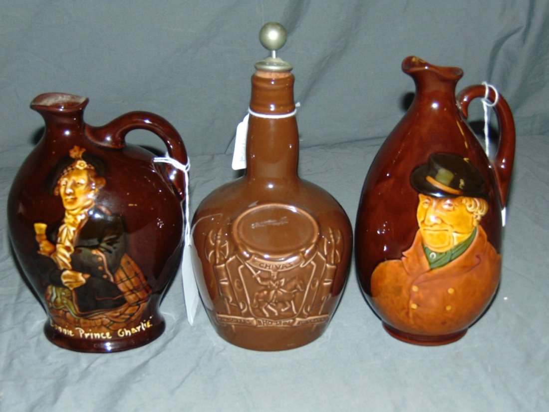 Royal Doulton/Spode Liquor Jugs/Decanters: includes Spode England Liquor Bottle - Chivas Bros Ltd, - includes cork and metal stopper and two Doulton - one marked Dewers, the other stamped Dewers depicts Bonnie Prince Charley.