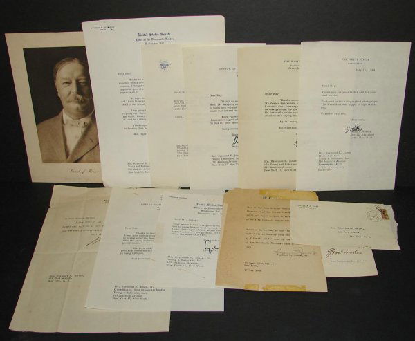 PRESIDENTIAL AUTOGRAPH LOT.: LOT CONSISTS. OF NINE PIECES. CARD FROM MRS. THEODORE ROOSEVELT " GOOD WISHES" , TYPED LETTER SIGNED AS SENATOR, 5 TLS FROM WALTER JENKINS ASSISTANT TO JOHNSON, NICE TLS BY W.H. TAFT WITH GOOD CONTENT
