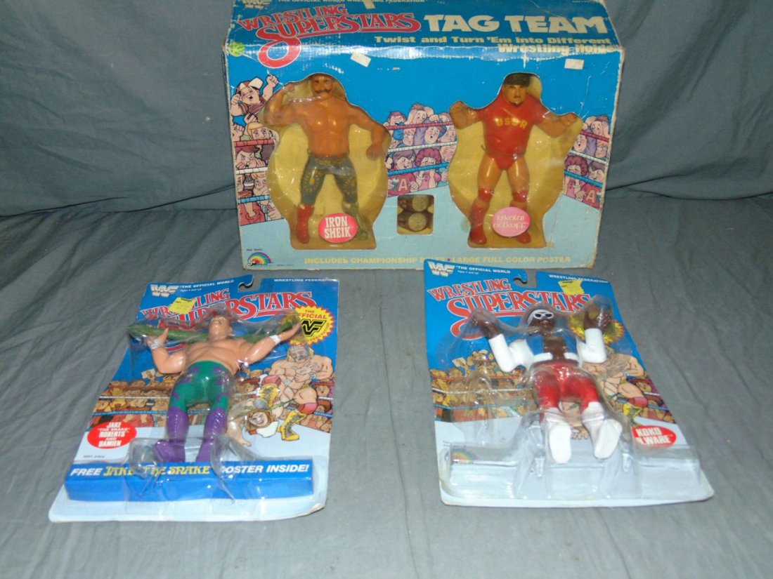 Vintage LJN Wrestling Superstars Lot, Tag Team: Great lot of Vintage LJN WWF Wrestling Superstars. Includes mint on card Jake the Snake Roberts, Koko B. Ware on opened card (bubble is detached), and Tag Team set featuring Iron Sheik and Nikolai Vol