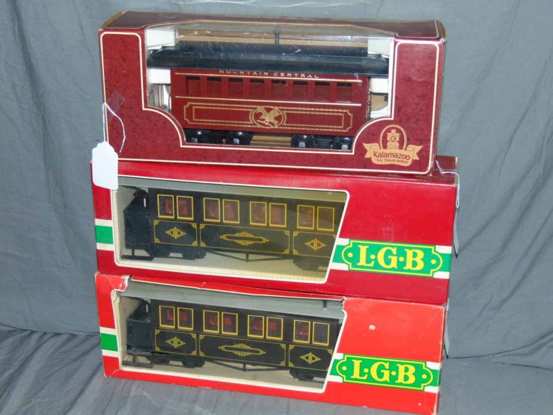 LGB & Kalamazoo "G" Gauge Passenger Cars: Includes (2) 3061 LGB Coaches, and Kalamazoo Coach. Boxed.