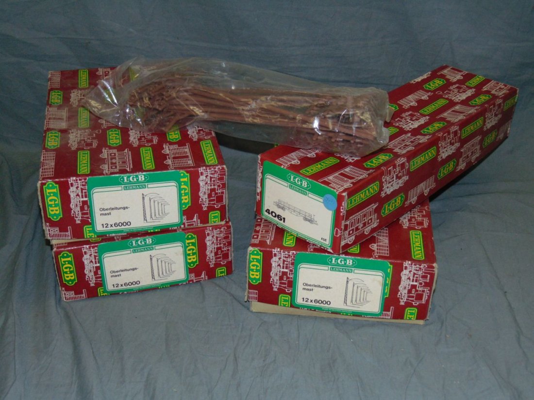 Lot of 36 Catenary Masts for LGB "G" Gauge: also includes 4061 LGB Gondola and Loose LGB Telephone Poles. (4 Boxes)
