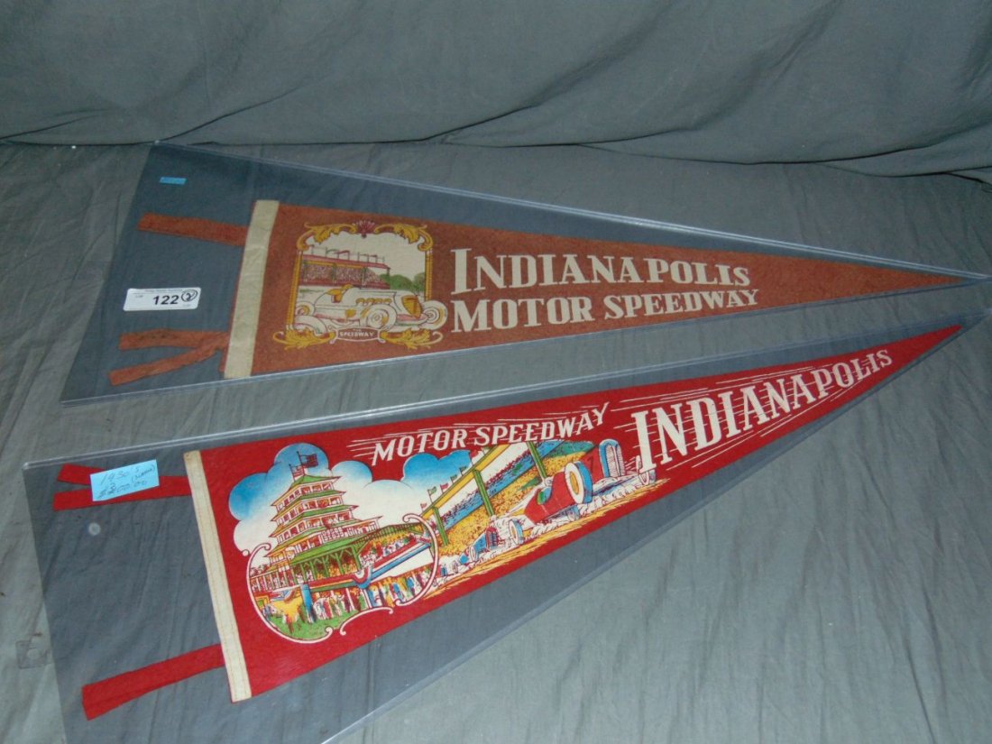 (2) 1930's Indianapolis Motor Speedway Pennants: Each approx. 8" x 26". Some wear to each with a few light tears, stains, etc. Examine