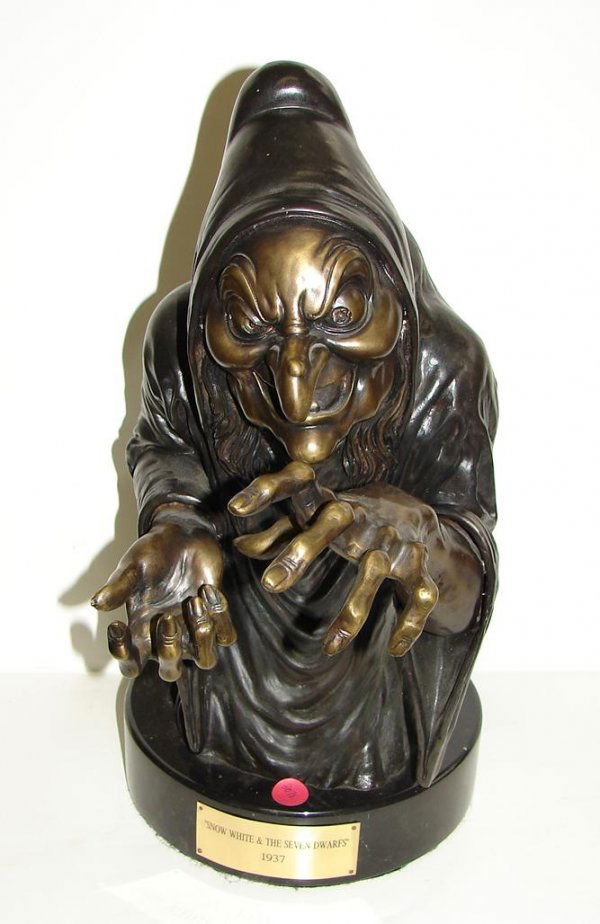 SNOW WHITE. BRONZE STATUE.: DAVID SMITH BRONZE OF THE "OLD HAG". 18" HIGH. #2 OF 100. COMES WITH THE ORIGINAL RED APPLE.