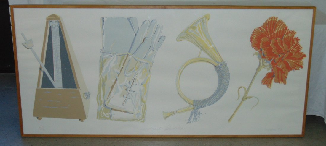 Don Nice, "Mozart Predella" Signed Screenprint: Screenprint / Serigraph in colors on wove paper, 1978. Signed, dated, titled, and pencil numbered 23/144. Image seen approx. 72" x 33". Lower left corner of paper is stamped "Charles Cardinale Serigra