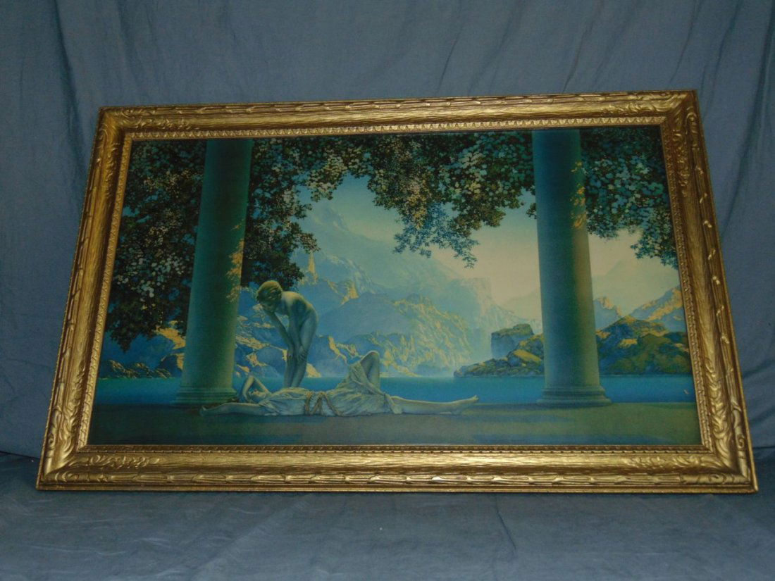 Maxfield Parrish "Daybreak" Print: House of Art, NY. Image size seen approx. 29.5" x 17.5".