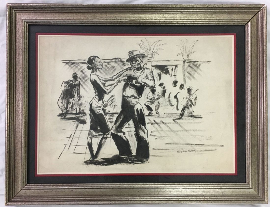 Stuyvesant Van Veen (1910 - 1988). Pen and Ink.: 1933 Pen and Ink Black Couple Dancing 14" x 20"