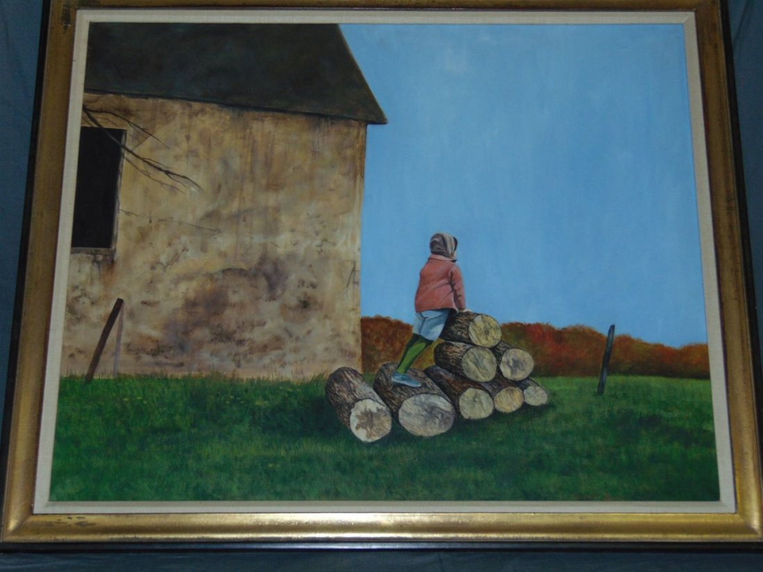 Richard Smith, Contemporary Oil on Canvas: Lot consists of a contemporary oil on canvas painting by Richard Smith. Signed bottom right edge. Sight seen approx. 29.5" x 23.5". Nice image depicting a young child standing on wooden logs looking i