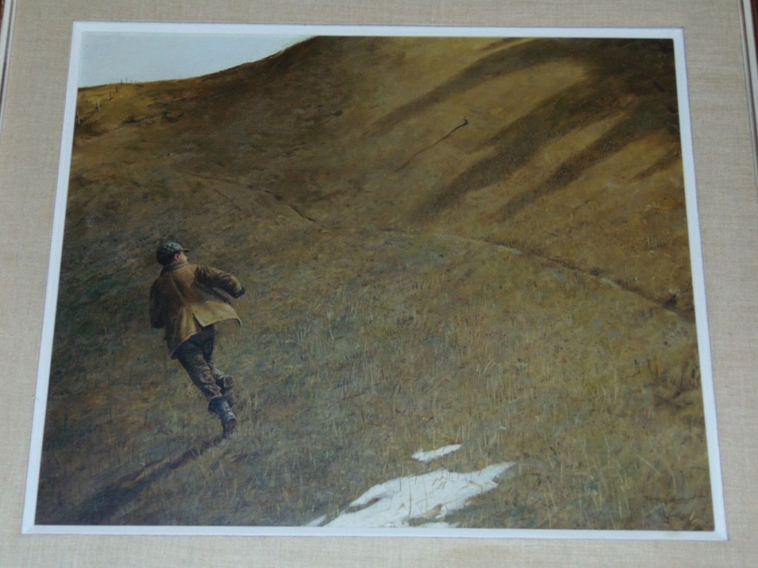 Richard Smith, Contemporary Oil on Canvas: Lot consists of a contemporary oil on canvas painting by Richard Smith. Signed bottom right edge. Sight seen approx. 23.5" x 19". Nice image depicting a man running in a field. Examine