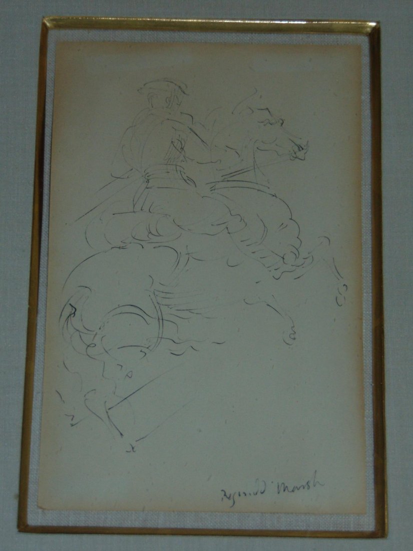 Reginald Marsh Pen & Ink On Paper: Reginald Marsh (1898-1954) pen and ink drawing on paper. Depicts a figure on horseback. Signed lower right. Sight seen approx. 6" x 9", overall frame size approx. 15" x 18".