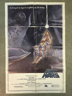 Star Wars 1977 Style A One Sheet Poster: Star Wars (20th Century Fox, 1977). Fourth Printing One Sheet (27" X 41") which omits "Style A", lower right corner has NSS 77/21 and Star Wars below. Original unrestored one sheet poster. Artwork by